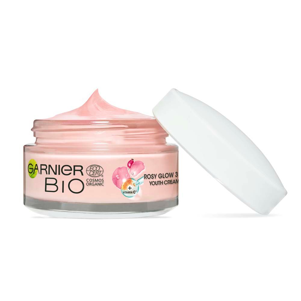 3600542397612 Garnier BIO Rosy Glow Face Youth Cream openwithlid